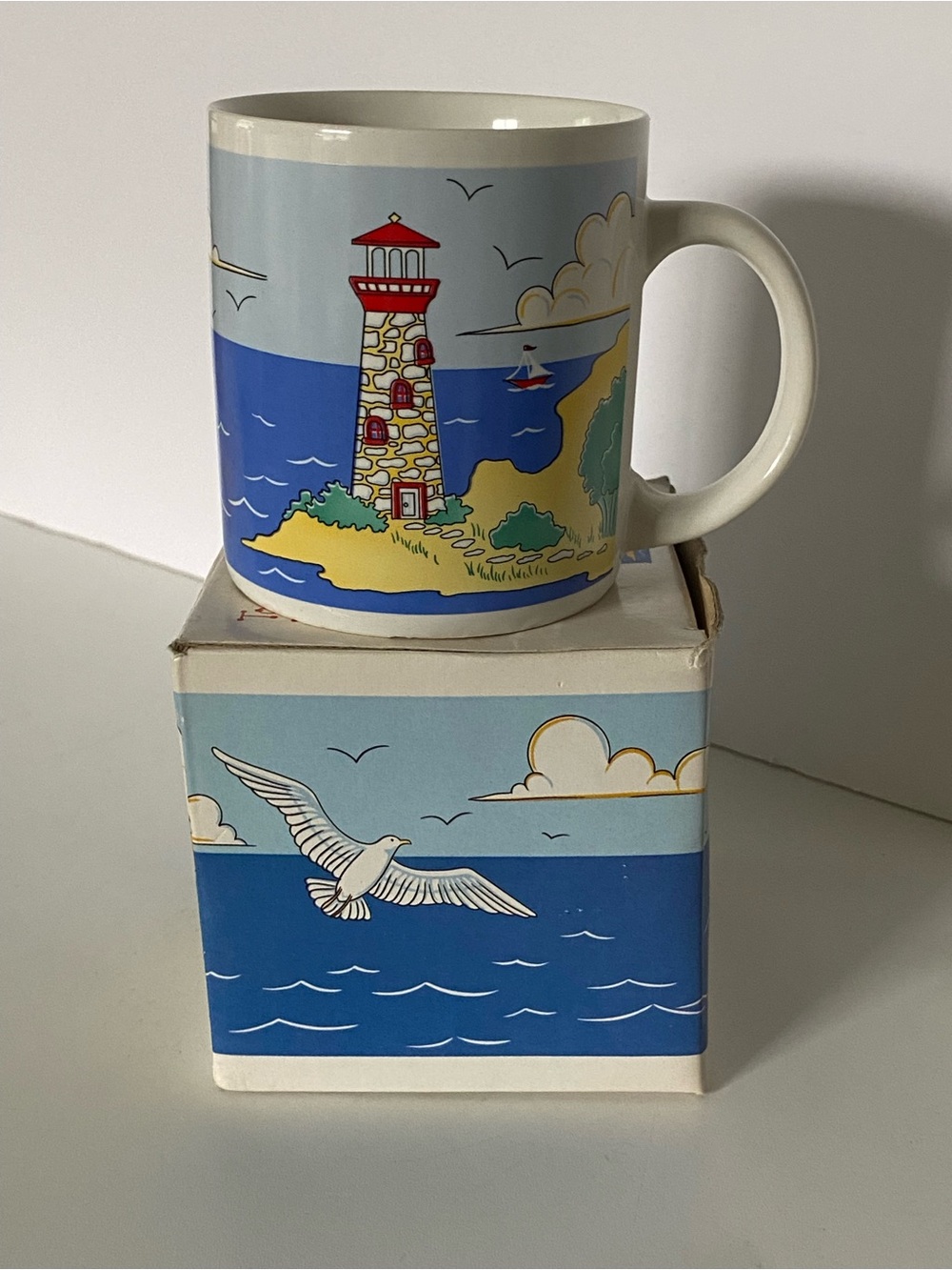Vintage Lighthouse Mug Norcrest In Box New Nautical Beach Ocean Seagull Blue